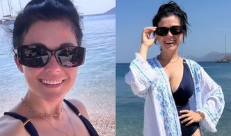 Katarzyna Cichopek hasa po greckiej plaży w granatowym kostiumie kąpielowym ze sporym dekoltem: "Zaczynam zasłużony urlop"
