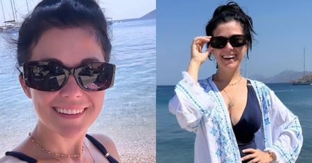 Katarzyna Cichopek hasa po greckiej plaży w granatowym kostiumie kąpielowym ze sporym dekoltem: "Zaczynam zasłużony urlop"