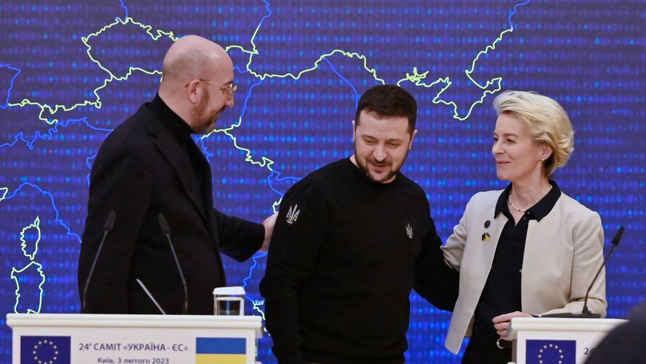 Temporary
Ukrainian President Volodymyr Zelensky (C), European Commission President European Commission Ursula von der Leyen (R) and European Council President Charles Michel (L) leave at the end of a joint press conference during an EU-Ukraine summit in Kyiv on February 3, 2023. - The EU on February 3 pledged to support Ukraine "every step of the way" in its quest for bloc membership as top officials gathered in Kyiv for a highly symbolic summit. (Photo by Sergei SUPINSKY / AFP)
SERGEI SUPINSKY