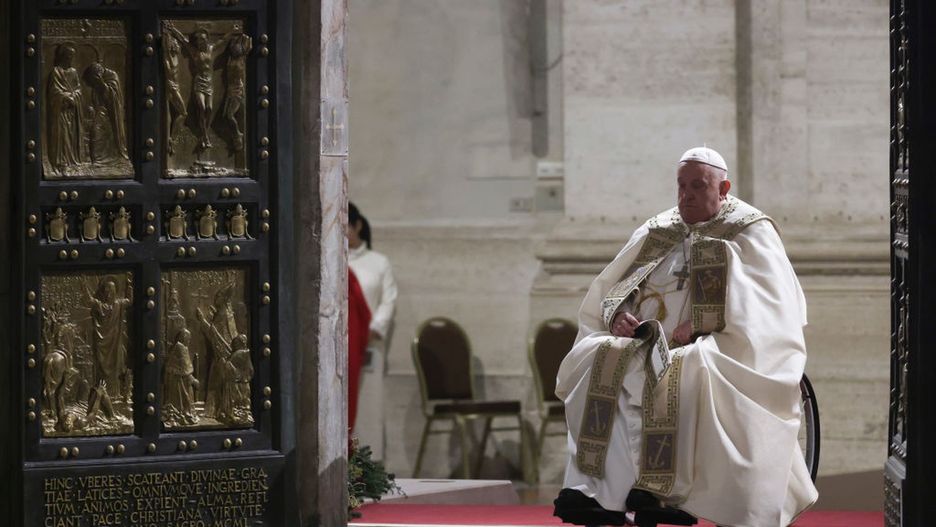 Pope Francis presides over the Holy Mass on the solemnity of the Nativity of the Lord in Saint Peters BasilicaPope Francis opens the Holy Door to begin the Jubilee of Hope 2025 on Christmas Eve in Saint Peters Basilica. Vatican City (Vatican), December 24th, 2024 (Photo by Vatican Media/Pool/GG/Mondadori Portfolio via Getty Images)Mondadori Portfolioordinary jubilee 2025, 2020s, colour image, mass, man, argentine