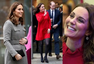 Ciężarna księżna Kate w czerwonej sukience i zadowolony William w Manchesterze (ZDJĘCIA)