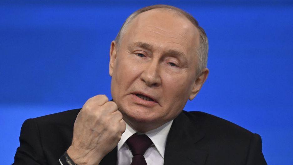 MOSCOW, RUSSIA - DECEMBER 14: Russian President Vladimir Putin attends annual special televised question-and-answer session and year-end news conference scheduled to take place at the Gostiny Dvor trade and exhibition centre in Moscow, Russia on December 14, 2023. (Photo by Sefa Karacan/Anadolu via Getty Images)