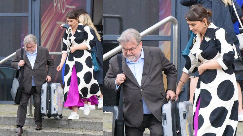 Anna Cieślak pomaga mężowi, Edwardowi Miszczakowi dźwigać walizkę od Magdy Gessler