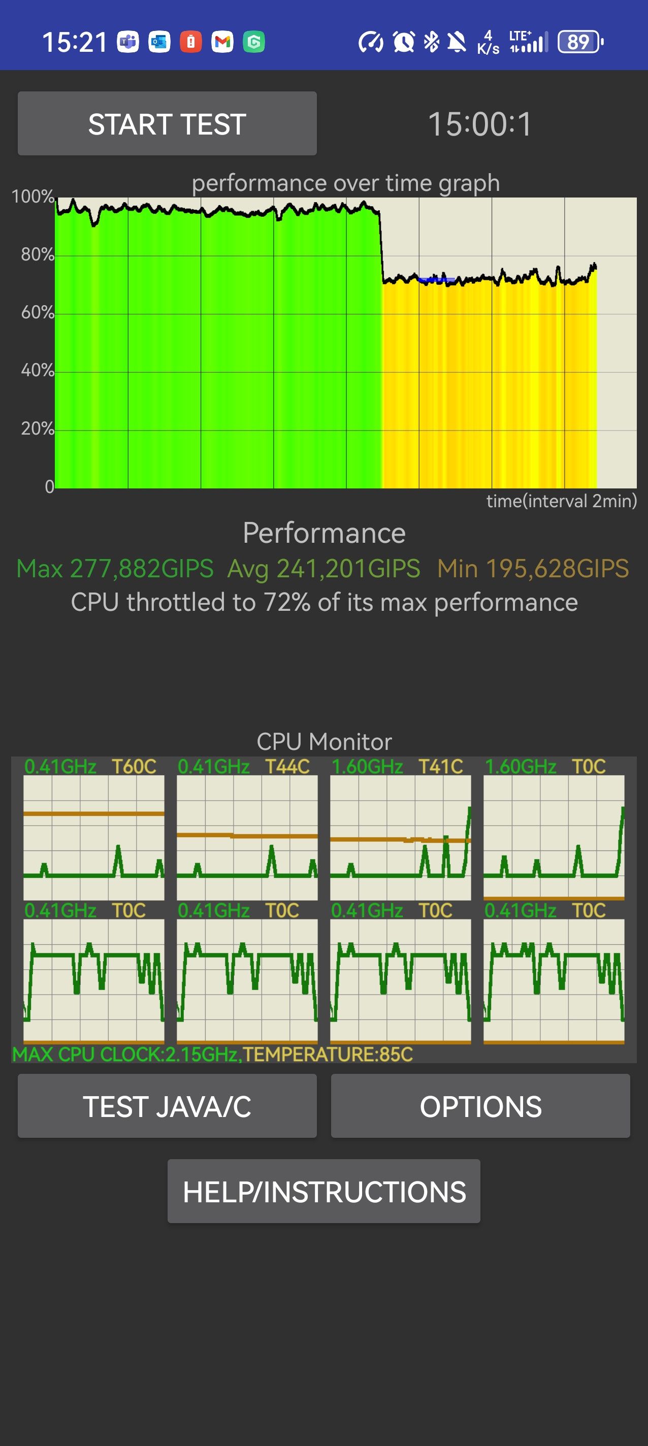 Smartfon wykazuje wyższą stabilność w teście koncentrującym się na użyciu GPU niż przy użyciu wyłącznie CPU do obliczeń.
