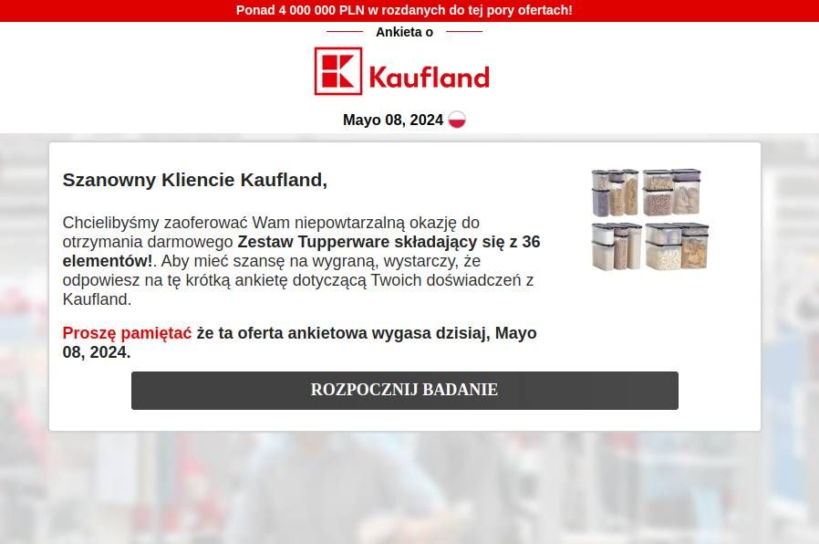 Fałszywy e-mail, w którym wykorzystano logo sieci Kaufland