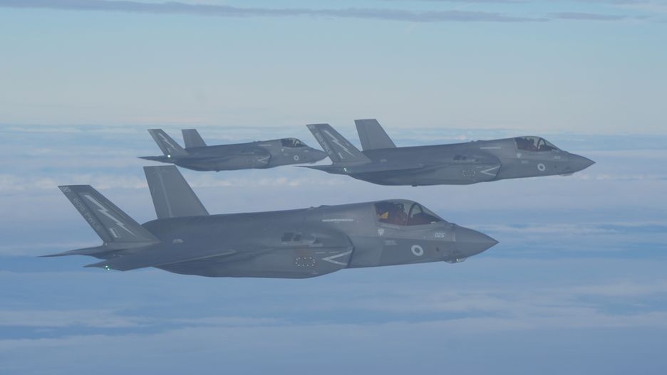 A view of Royal Air Force F-35 fighter jets taking part in air-to-air refuelling from an RAF Voyager over the south coast of England, as they return to the UK from HMS Prince of Wales to RAF Marham after their eight-month deployment with the Carrier Strike Group (CSG25), known as Operation Highmast. Picture date: Thursday November 27, 2025. (Photo by Yui Mok/PA Images via Getty Images)