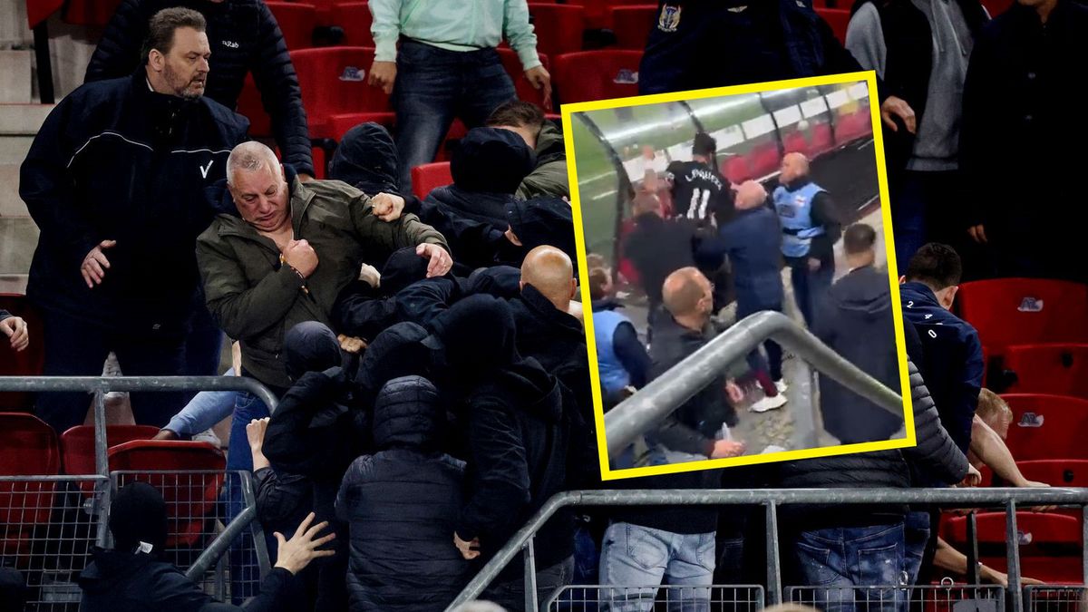 Getty Images / Angelo Blankespoor/Soccrates / Twitter / Na zdjęcia: starcia na trybunach po meczu AZ Alkmaar - West Ham, na małym zdjęciu: Lucas Paqueta (nr 11), piłkarz West Ham, przedzierający się w kierunku trybun