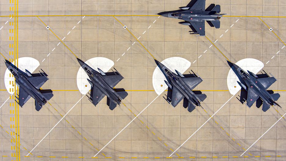BALIKESIR, TURKIYE - MAY 22: An aerial view of  Turkish Air Force F-16 fighter aircrafts  in Balikesir, Turkiye on May 22, 2022. The 161st Fleet Command, the only fleet of the Turkish Air Force with two coded names - coded as "Eagle" during the day and "Bat" at night - takes an active role in both the protection of the airspace in Aegean Region and the combat against terrorism. (Photo by Ali Atmaca/Anadolu Agency via Getty Images)