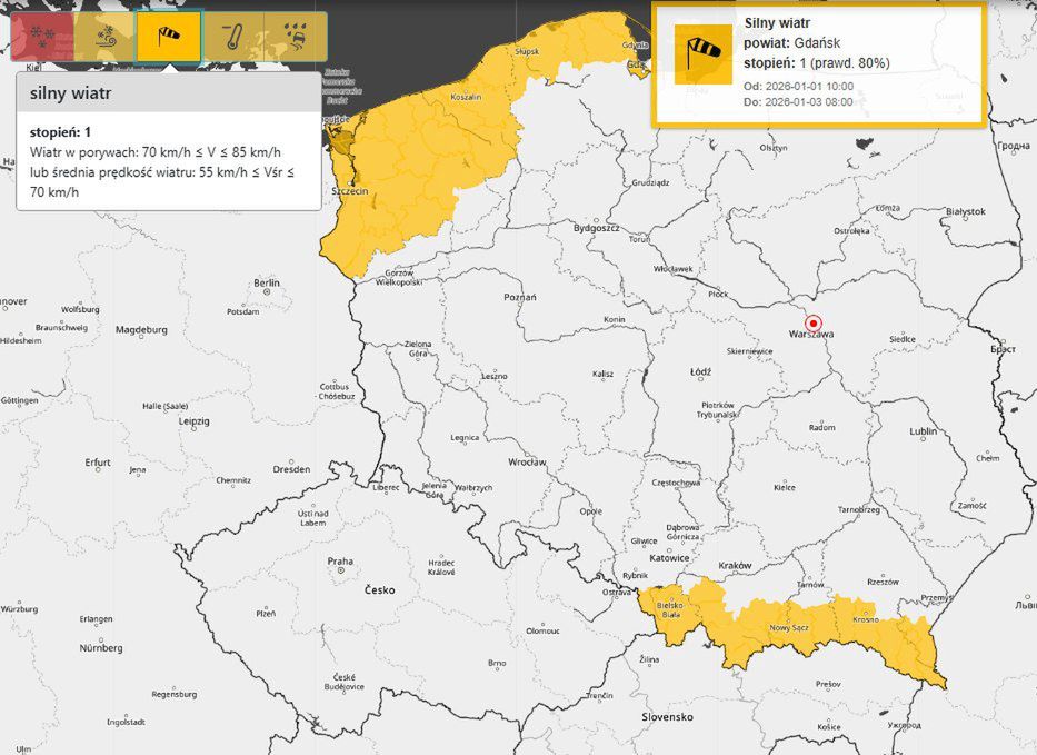 Mapa IMGW z zaznaczonymi obszarami objętymi ostrzeżeniem