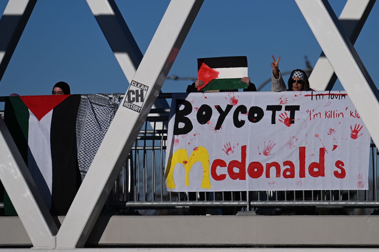 Palestinians' protest action in Canada. They are calling for a boycott of McDonald's.