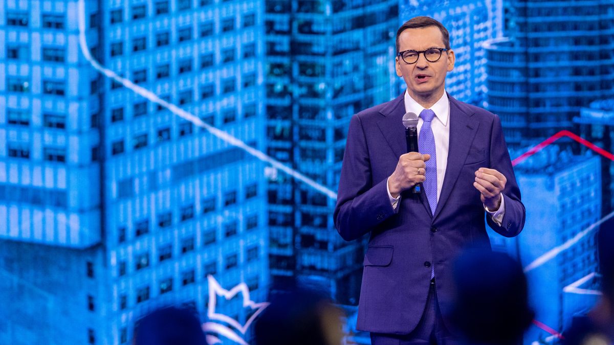 Mateusz Morawiecki  Prime Minister of Poland during program convention  party Law and Justice in Warsaw, Poland, on May 13, 2023NO SALES POLAND (Photo by Andrzej Iwanczuk/NurPhoto via Getty Images)