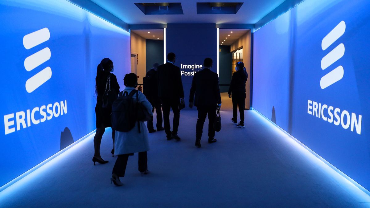 Projected logos on the wall of a room at the Ericsson AB stand on day two of the MWC Barcelona at the Fira de Barcelona venue in Barcelona, Spain, on Tuesday, March 1, 2022. Over 1,800 exhibitors and attendees from 183 countries will attend the annual event, which runs from Feb. 28 to March 3. Photographer: Angel Garcia/Bloomberg via Getty Images