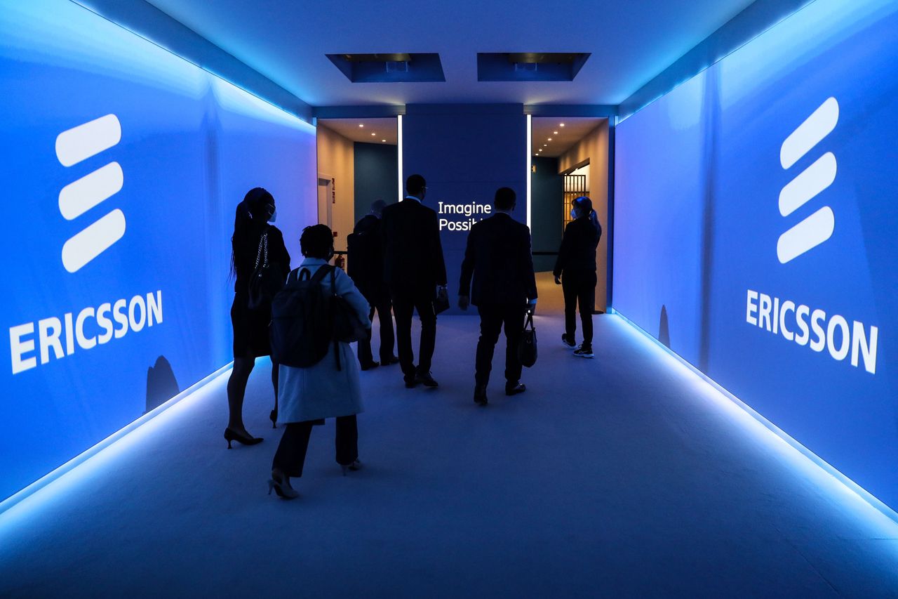 Projected logos on the wall of a room at the Ericsson AB stand on day two of the MWC Barcelona at the Fira de Barcelona venue in Barcelona, Spain, on Tuesday, March 1, 2022. Over 1,800 exhibitors and attendees from 183 countries will attend the annual event, which runs from Feb. 28 to March 3. Photographer: Angel Garcia/Bloomberg via Getty Images