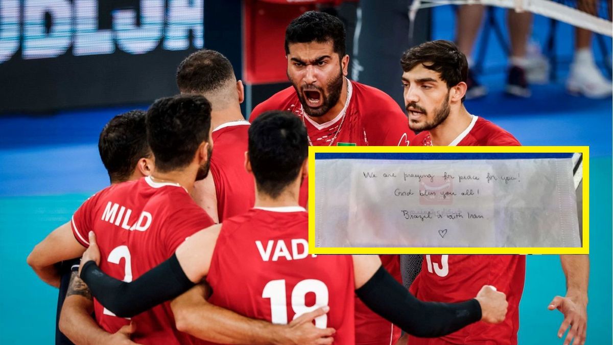 Materiały prasowe / FIVB / Na dużym zdjęciu reprezentacja Iranu, na małym wiadomość, jaką otrzymał jej trener