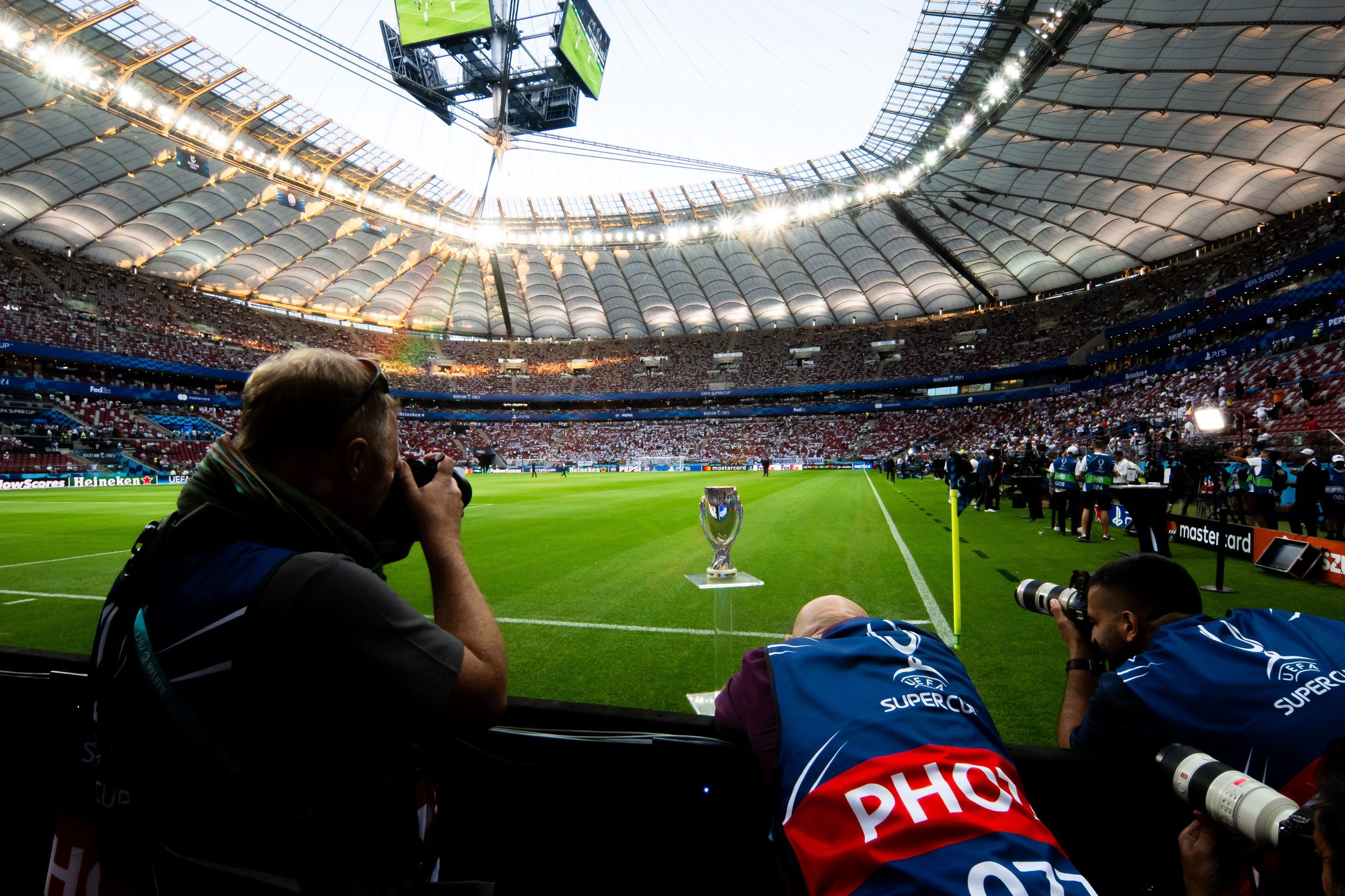 WARSAW, POLAND - AUGUST 14: Photographers seen shooting pictures of Super Cup during the UEFA Super Cup 2024 match between Real Madrid and Atalanta BC at National Stadium on August 14, 2024 in Warsaw, Poland. (Photo by Mateusz Slodkowski/Getty Images)
