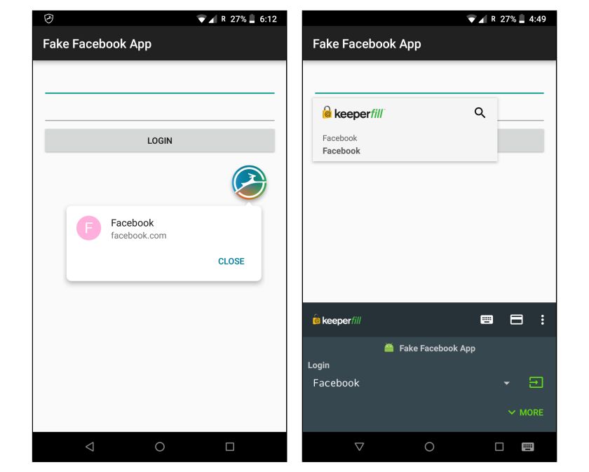 Przykład zastosowania aplikacji Keeper w połączeniu z fałszywą wersją Facebooka, źródło: publikacja z badaniami.