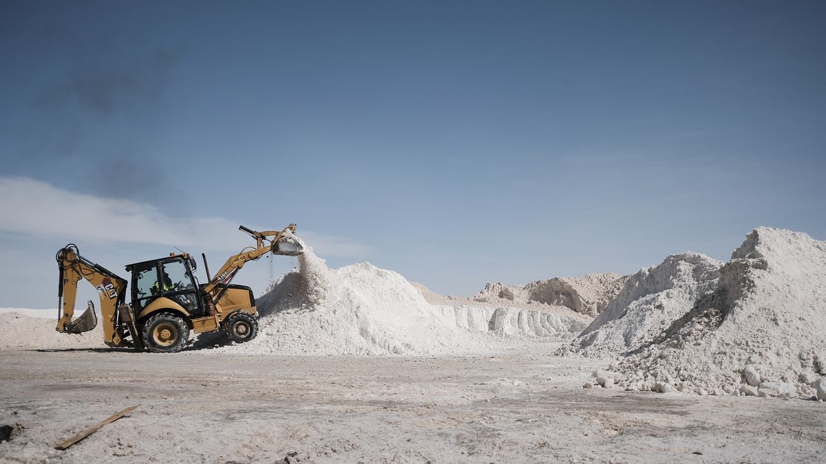 UYUNI, BOLIVIA - DECEMBER 15: Machinery moves quantities of salt at the inauguration of the lithium carbonate industrial plant in Uyuni, Bolivia on December 15, 2023. (Photo by Mateo Romay Salinas/Anadolu via Getty Images)