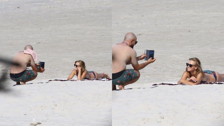 Agnieszka Kaczorowska z rodziną na plaży