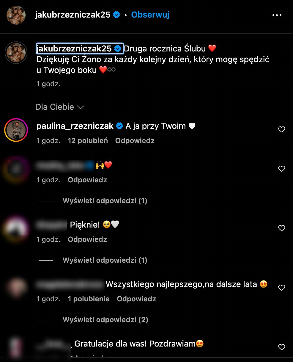 Jakub i Paulina Rzeźniczakowie świętują 2. rocznicę ślubu