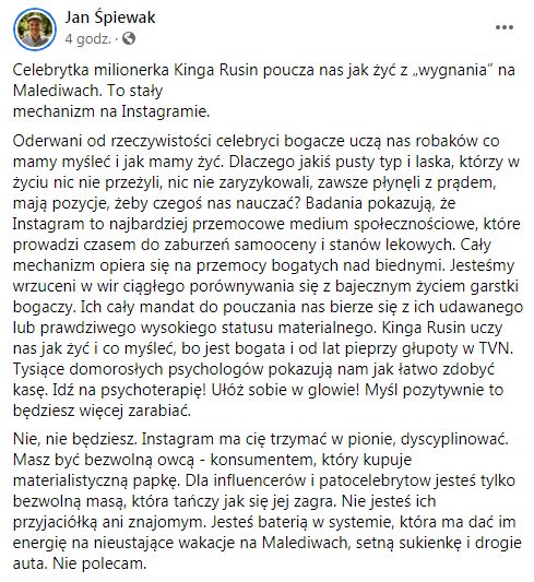 Post Jana Śpiewaka na temat aktywizmu Kingi Rusin