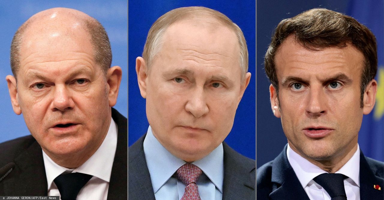 Kanclerz Niemiec Olaf Scholz, dyktator Rosji Władimir Putin i prezydent Francji Emmanuel Macron
