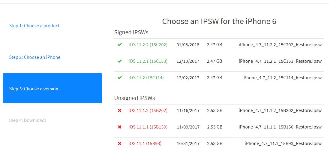 Obecnie podpisany jest tylko iOS 11.2, źródło: IPSW.me