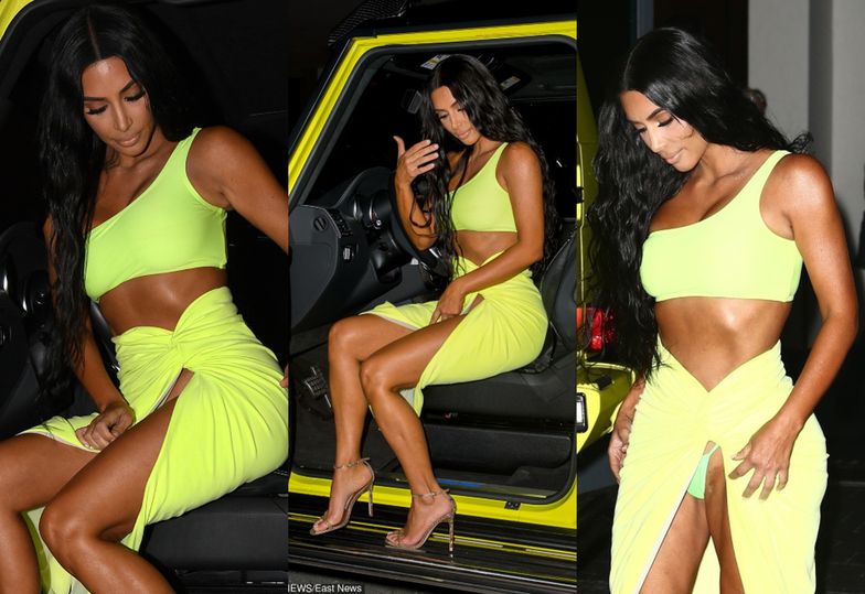 Kim Kardashian próbuje wysiąść jak dama z neonowego samochodu