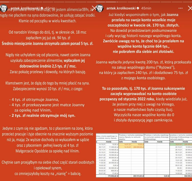 Antek Królikowski odpowiada na zarzuty Joanny Opozdy