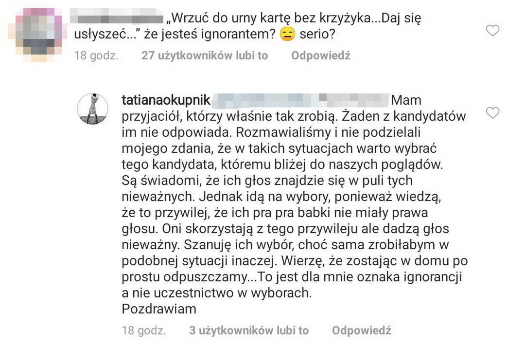 Komentarze pod postem Tatiany Okupnik na Instagramie