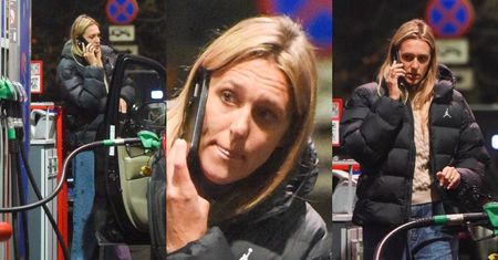 Pozbawiona makijażu Aleksandra Żebrowska tankuje jeepa za 345,99 zł, gawędząc przez telefon (ZDJĘCIA)