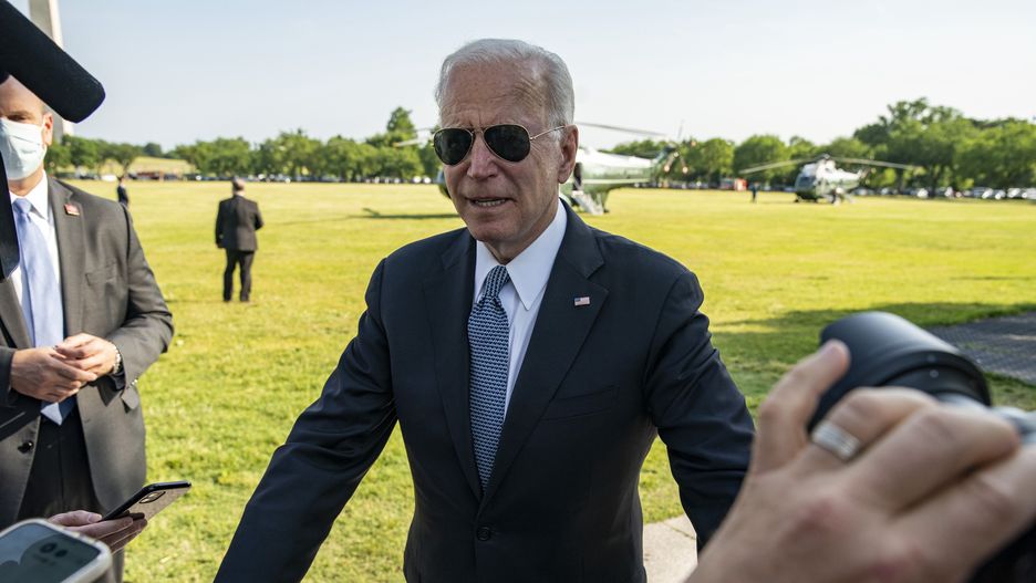 U.S. President Joe Biden speaks with members of the media before boarding Marine One on the Ellipse near the White House in Washington, D.C., U.S., on Tuesday, May 25, 2021. Biden met with members of George Floyd's family on the anniversary of his killing by a Minneapolis police officer as negotiations on Capitol Hill to overhaul law enforcement slipped past the White House's deadline. Photographer: Tasos Katopodis/UPI/Bloomberg via Getty Images