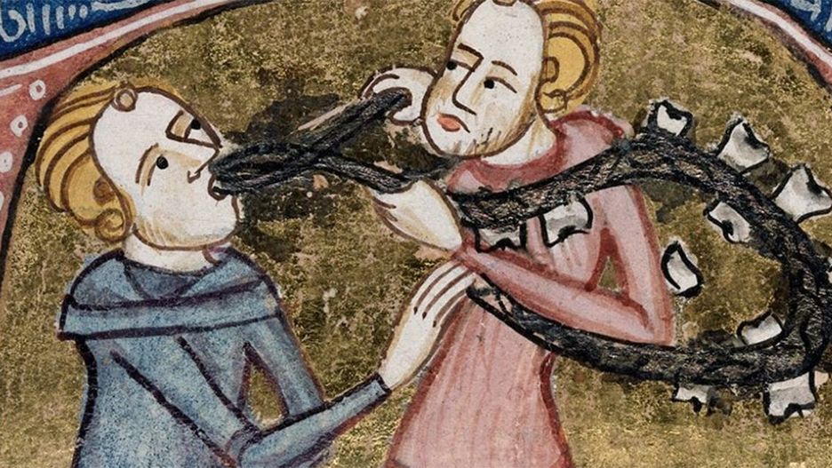 Dentysta średniowieczny. Miniatura z XIV wieku.