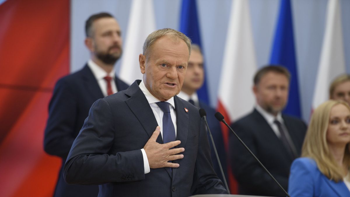Polish Prime Minister Donald Tusk speaks as he takes part in a press briefing regarding government reshuffle, Wednesday, July 23, 2025 in Warsaw, Poland.