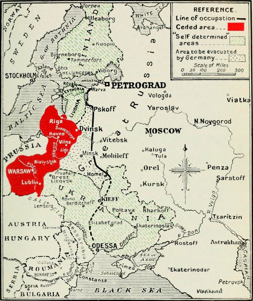 Terytorium odstąpione państwom centralnym przez Rosję na mocy traktatu brzeskiego z 3 marca 1918 roku. Na czerwono zaznaczono wspólnie obszar okupowanej Polski oraz tak zwany Ober-Ost 