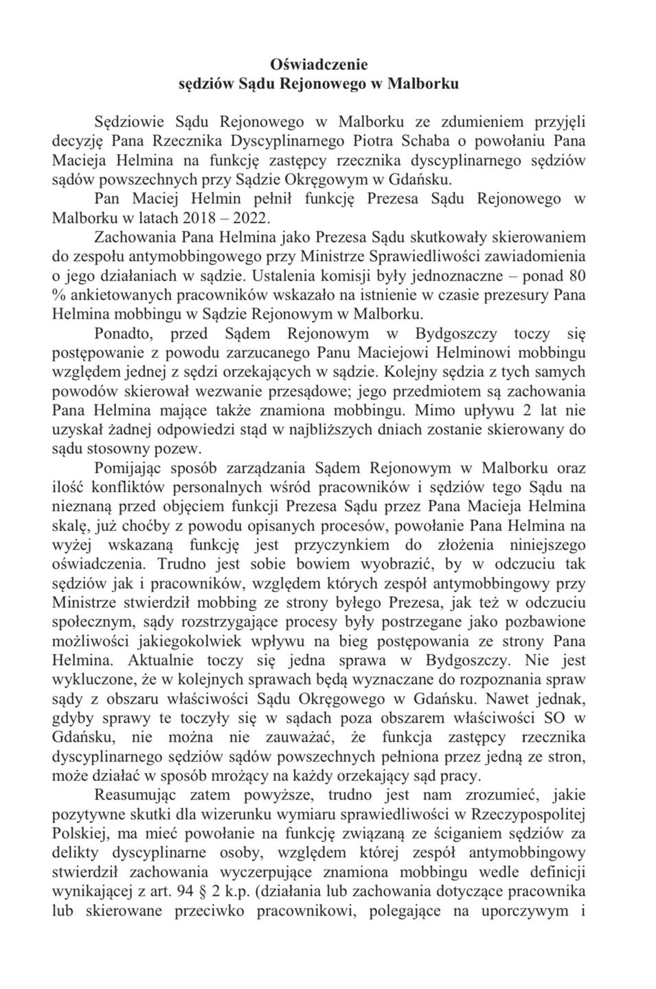 Pismo sędziów Sądu Rejonowego w Malborku