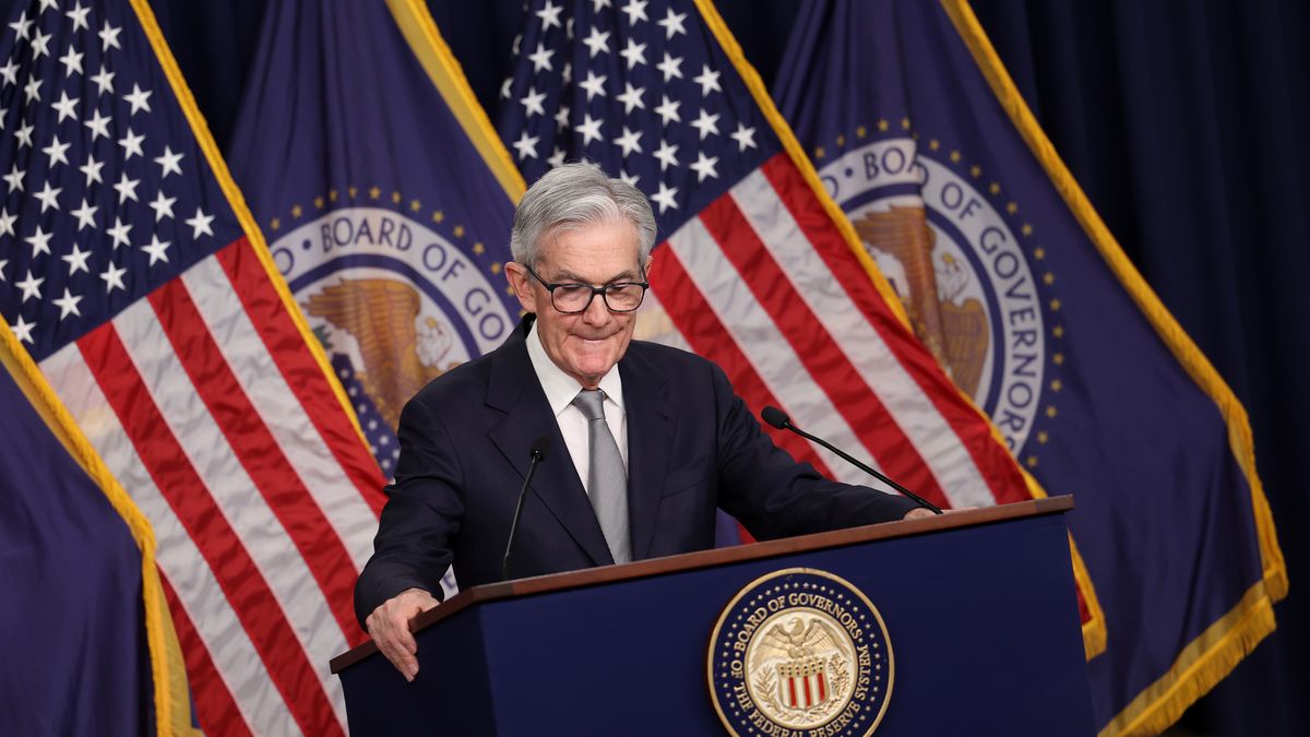 WASHINGTON, DC - NOVEMBER 01: Federal Reserve Board Chairman Jerome Powell speaks during a news conference after a Federal Open Market Committee meeting on November 01, 2023 at the Federal Reserve in Washington, DC. The Federal Reserve left interest rates unchanged at a range of 5.25 percent to 5.50 percent, keeping rates the highest they have been in 23 years. (Photo by Kevin Dietsch/Getty Images)
