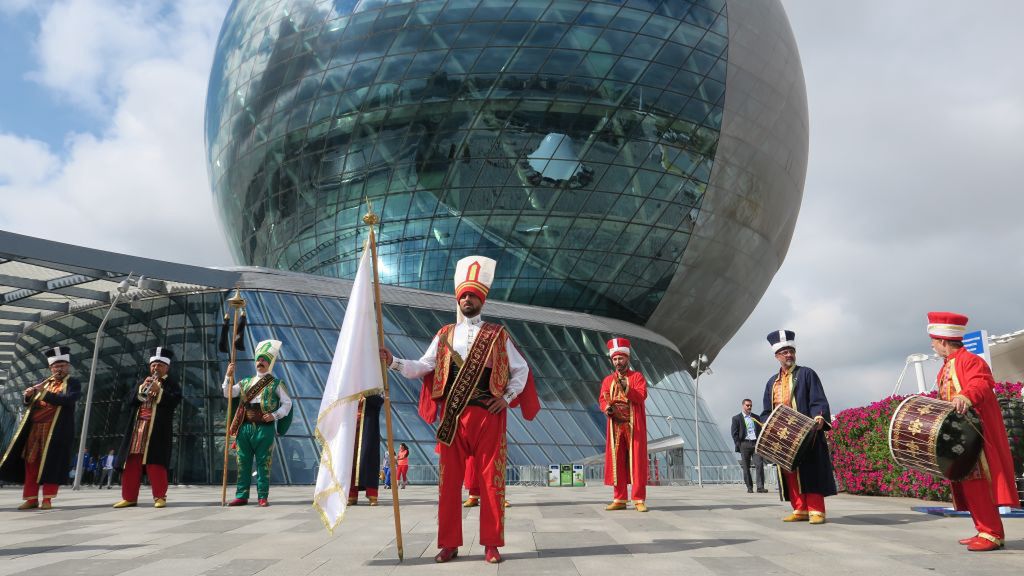 Astana EXPO 2017ASTANA, KAZAKHSTAN - AUGUST 10: Ottoman Military Band or Janissary Band, also known as Mehter Platoon perform during the EXPO 2017 Astana's Turkish National Day event in Astana, Kazakhstan on August 10, 2017. The Astana Expo under the theme of Future Energy takes place between June 10 and September 10. Over 110 countries and 22 international organizations participate in the Expo. (Photo by Aliia Raimbekova/Anadolu Agency/Getty Images)Anadolu Agency2017, Kazakhstan, Astana, August, Turkish Economy Minister Nihat Zeybekci, expo 2017, Astana Expo 2017, Turkish National Day event, Future Energy