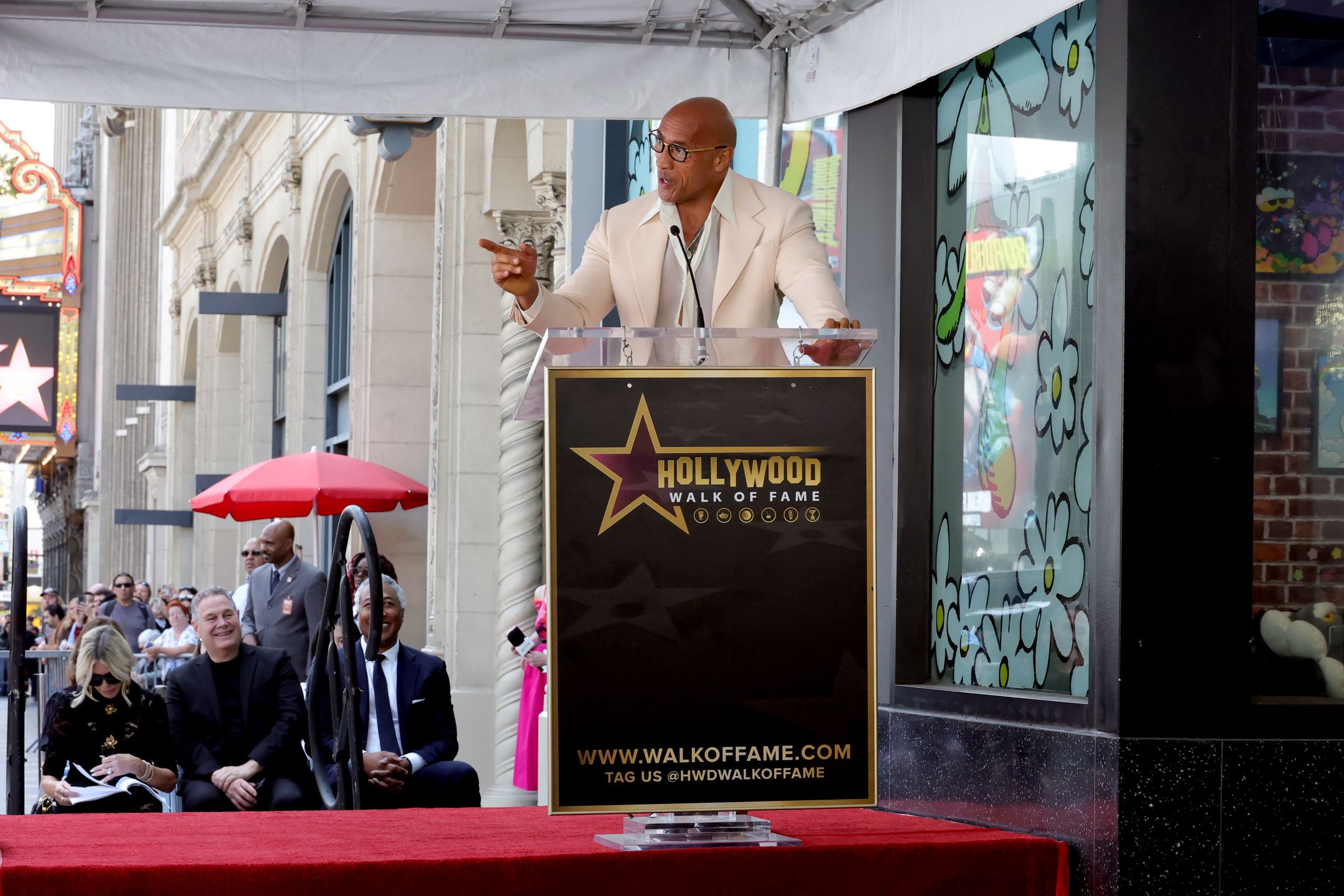 HOLLYWOOD, CALIFORNIA - APRIL 30: Dwayne Johnson speaks during the Walk of Fame Induction Ceremony for Stanley Tucci and Emily Blunt on April 30, 2026 in Hollywood, California. (Photo by Kevin Winter/Getty Images)