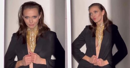 Marcela Leszczak prezentuje wachlarz PONĘTNYCH MIN, pozując TOPLESS w samej marynarce i rajtuzach (ZDJĘCIA)