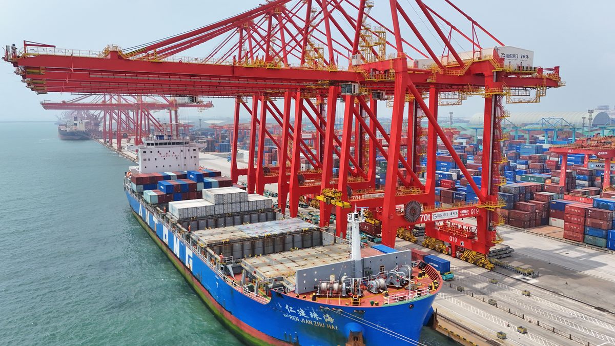 RIZHAO, CHINA - MAY 22, 2026 - The remote-controlled gantry crane is used at the fully automated container terminal of Rizhao Port to load and unload containers for cargo ships in Rizhao City, Shandong Province, China on May 22, 2026. (Photo credit should read CFOTO/Future Publishing via Getty Images)