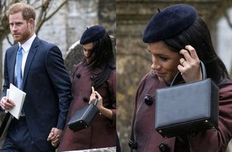 Meghan Markle w bordowym płaszczu walczy z wiatrem na chrzcinach córki Zary Tindall (ZDJĘCIA)