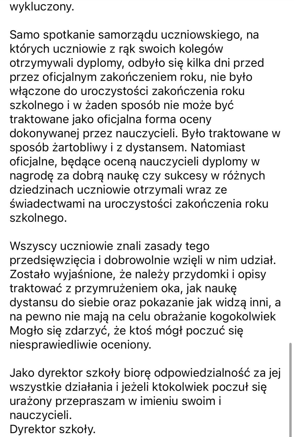 Oświadczenie dyrektorki szkoły