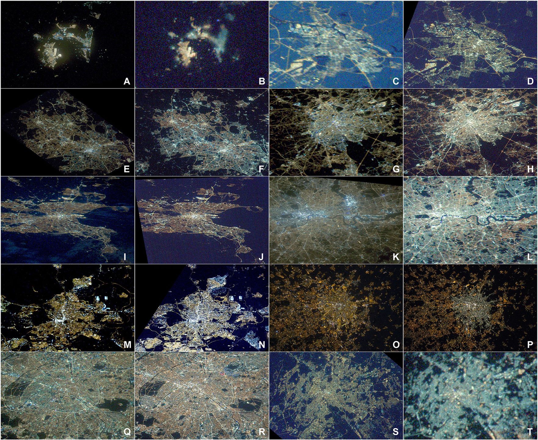 Mapa pokazuje zmiany w Europie przed i po wymanie świateł: Gibraltar/ Algeciras (A, B), AMstertam (C, D), Birmingham (E, F), Bruksela (G, H), Dublin (I, J), Londyn (K, L). Madryt (M, N), Mediolan (O, P), Paryż (Q, R), Rzym (S, T). 