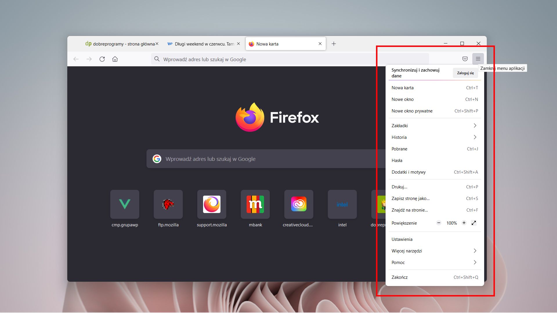 Firefox: menu aplikacji i ustawienia