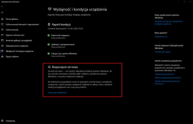Funkcja "Rozpocznij od nowa" nie jest dostępna dla użytkowników Windows 10 20H1, fot. Oskar Ziomek.