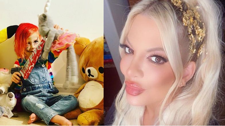 Przebrany za laleczkę Chucky syn Tori Spelling  przystawia nóż do piersi maskotki, budząc zachwyt mamy: "EKSPRESYJNY AKTOR!"