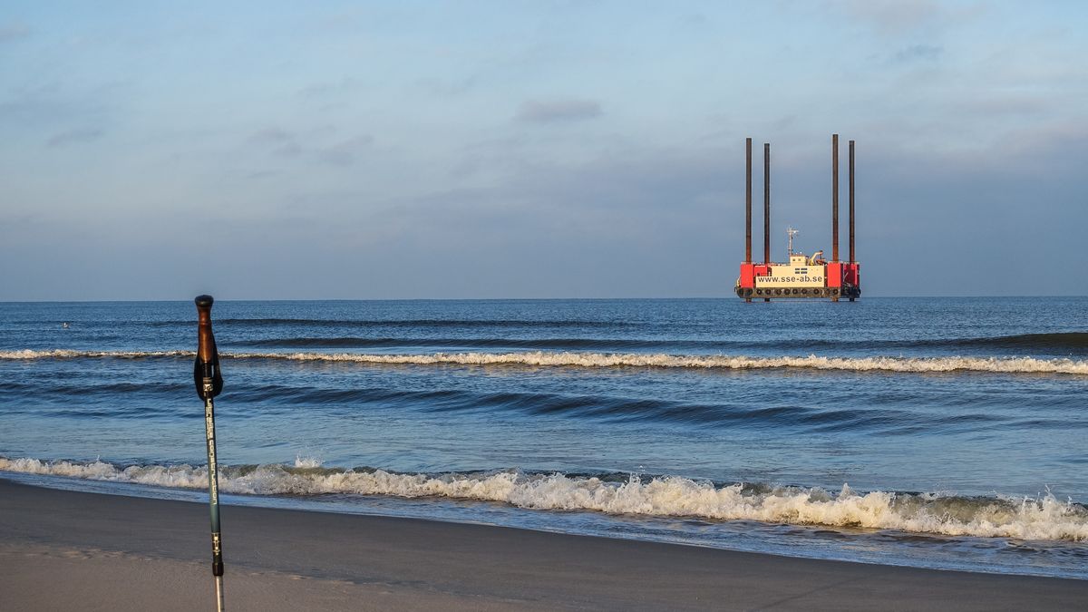 Swedish jack-up platform Sound Prospector hired for geological research at the site where the nuclear power plant is to be built near the Baltic sea coast is seen in Lubiatowo, Choczewo municipality, Poland on 9 January 2022 The seaside villages of Lubiatowo and Kopalino have been named by the government as the preferred location for the Polish first large nuclear power plant. (Photo by Michal Fludra/NurPhoto via Getty Images)
