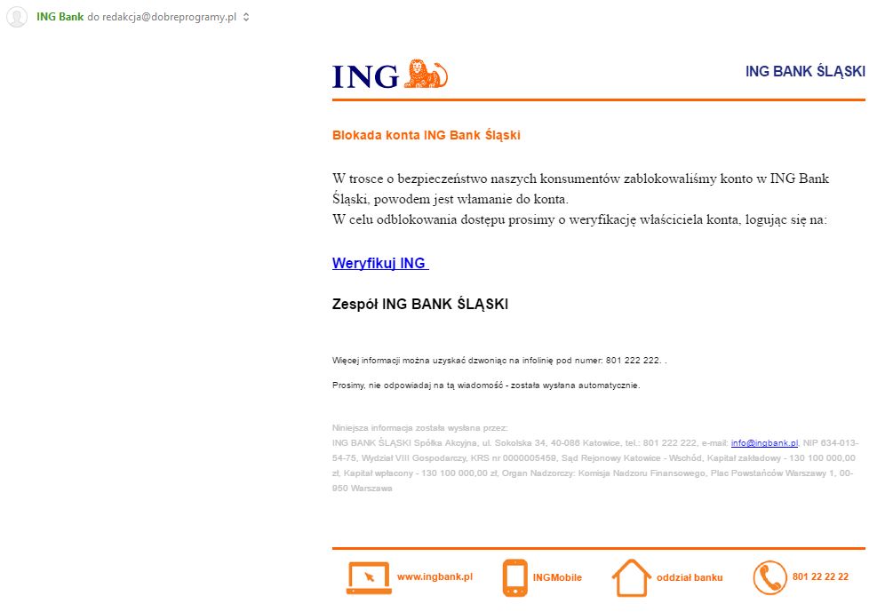 Fałszywy e-mail przyszedł także i na naszą redakcyjną skrzynkę.