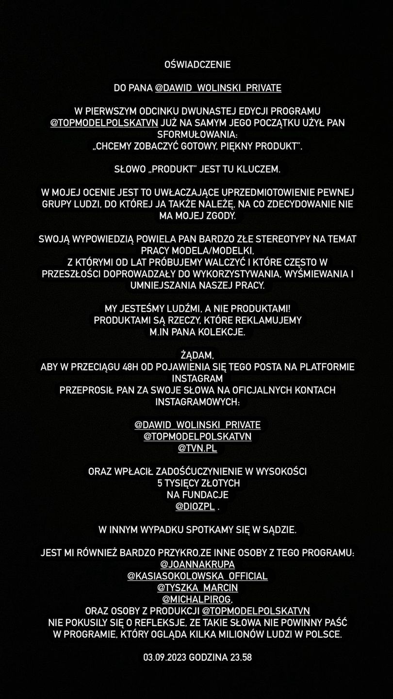 Oświadczenie Anatola Modzelewskiego skierowane w stronę Dawida Wolińskiego