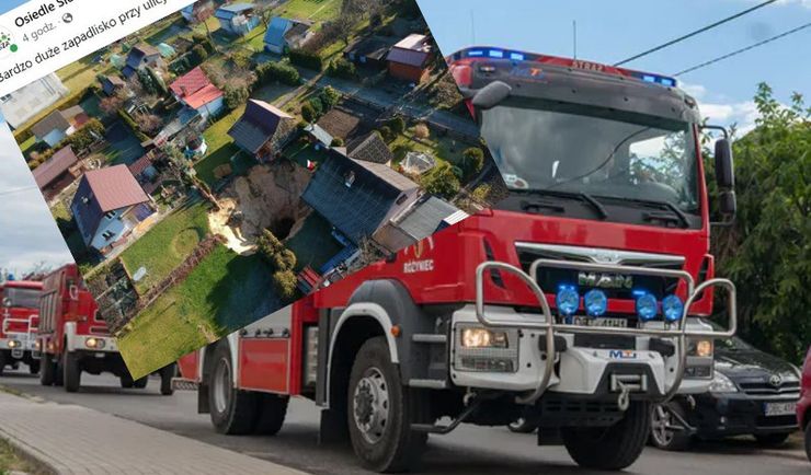 Głębokie zapadlisko przy ogródkach działkowych. Dół ma kilka metrów